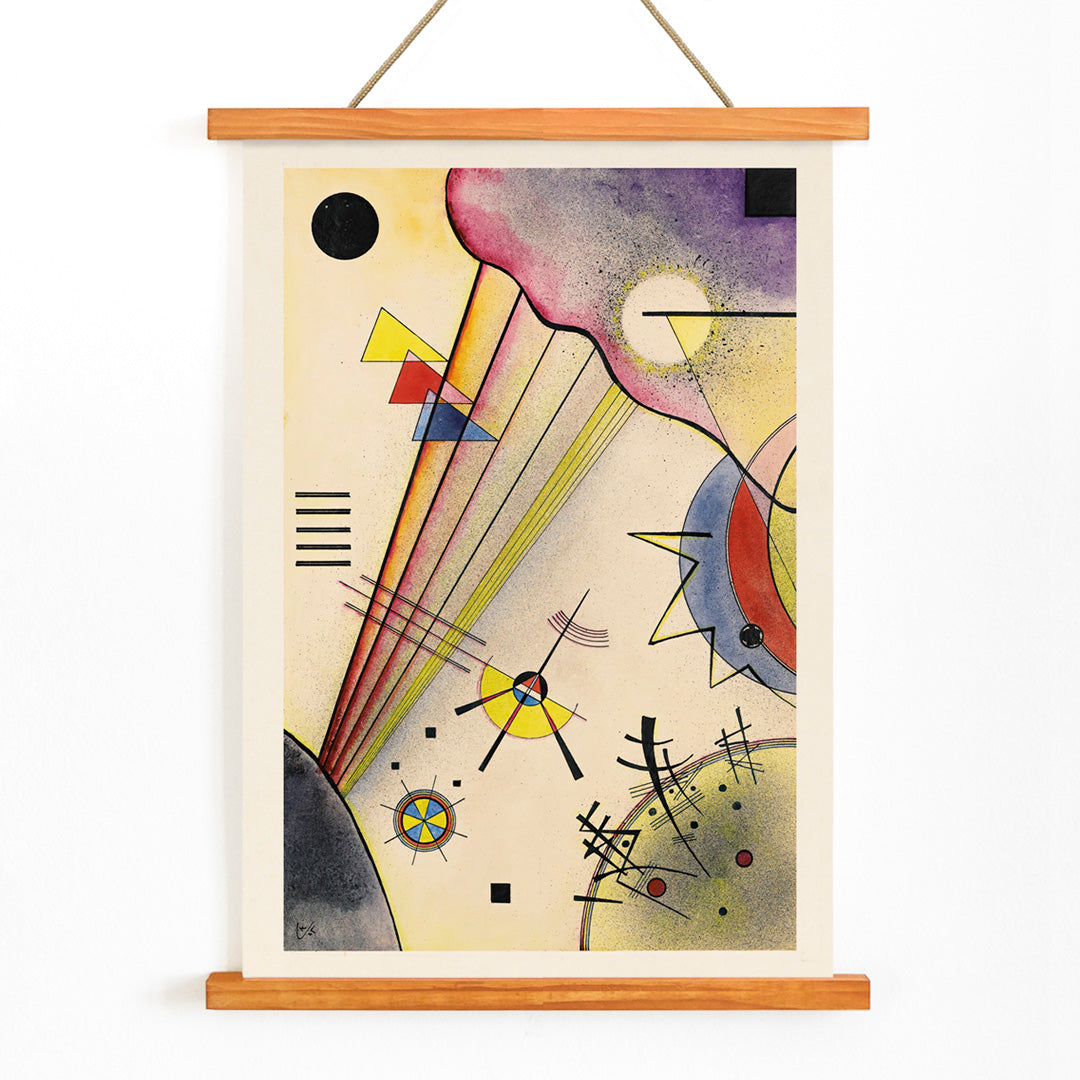 Abstract geometric art with colorful shapes and lines by Wassily Kandinsky titled Deutliche Verbindung Clear Connection, with wooden magnetic frame on white background