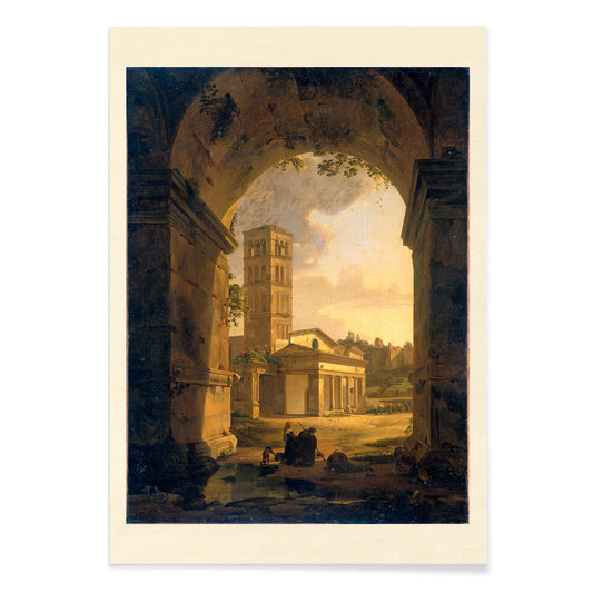 San Giorgio in Velabro Rome painting by Antonie Sminck Pitloo with people ruins and archway view poster, with black aluminium frame on white background