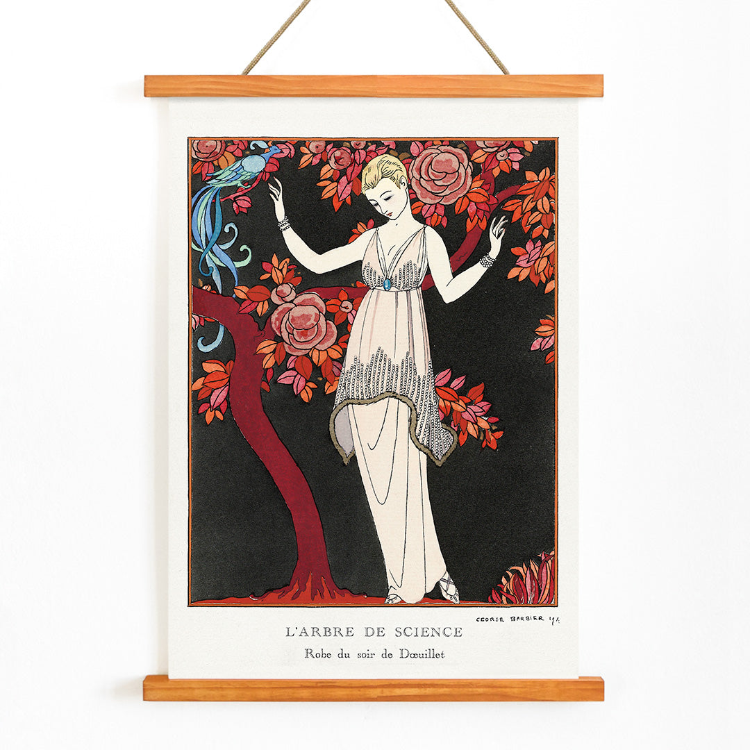 Elegant woman in evening gown under flowering tree with bird by George Barbier from LArbre de science art deco poster, with wooden magnetic frame on white background
