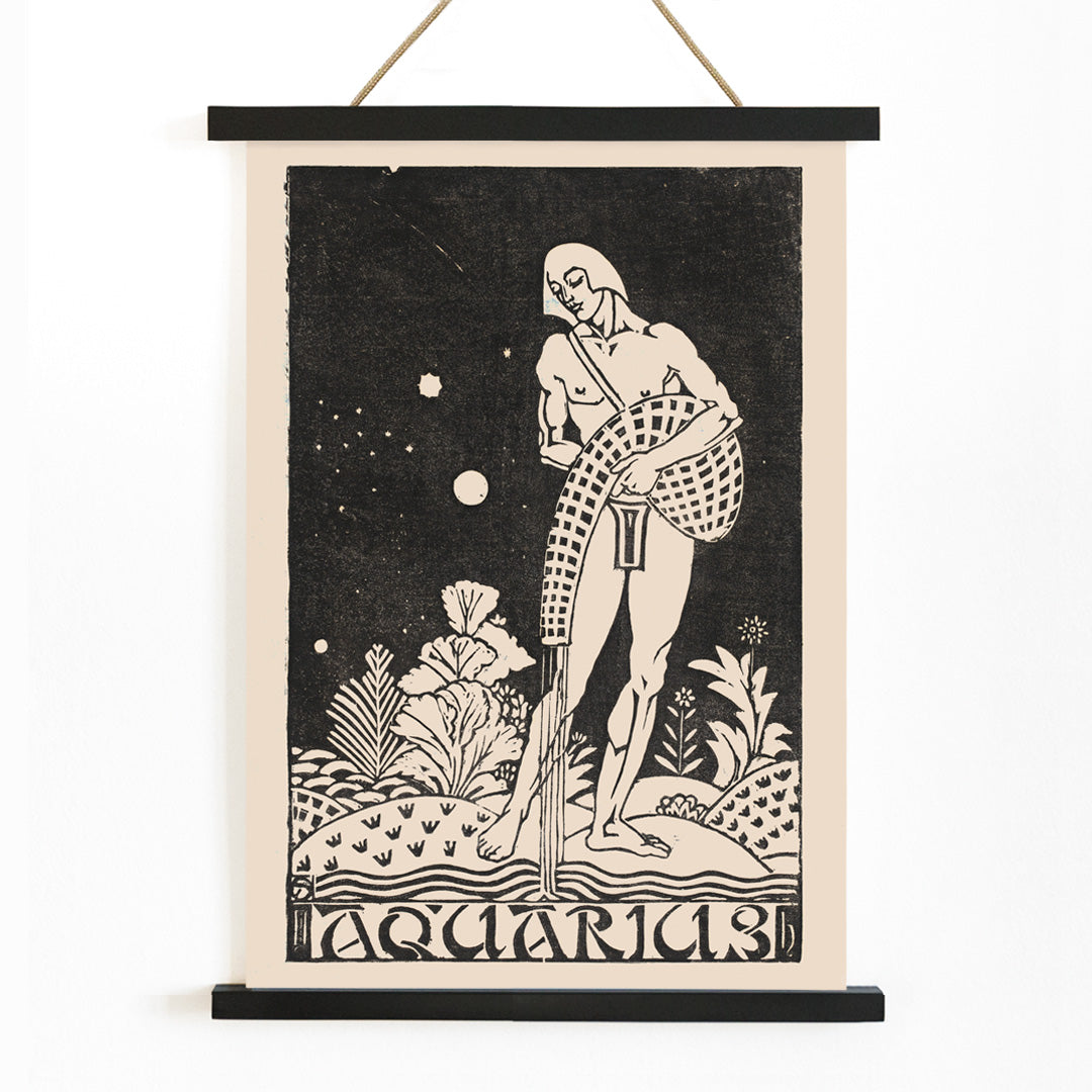 Aquarius zodiac sign artwork by Henri van der Stok featuring water bearer and nude figure pouring water in stylized landscape, with wooden magnetic frame on white background