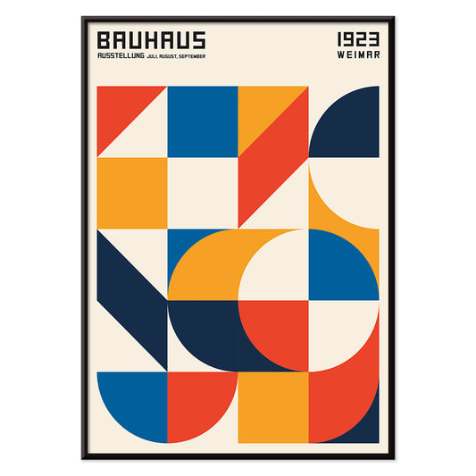 Bauhaus Poster 19 with bold colors geometric shapes squares and circles modern wall art, with black aluminium frame on white background