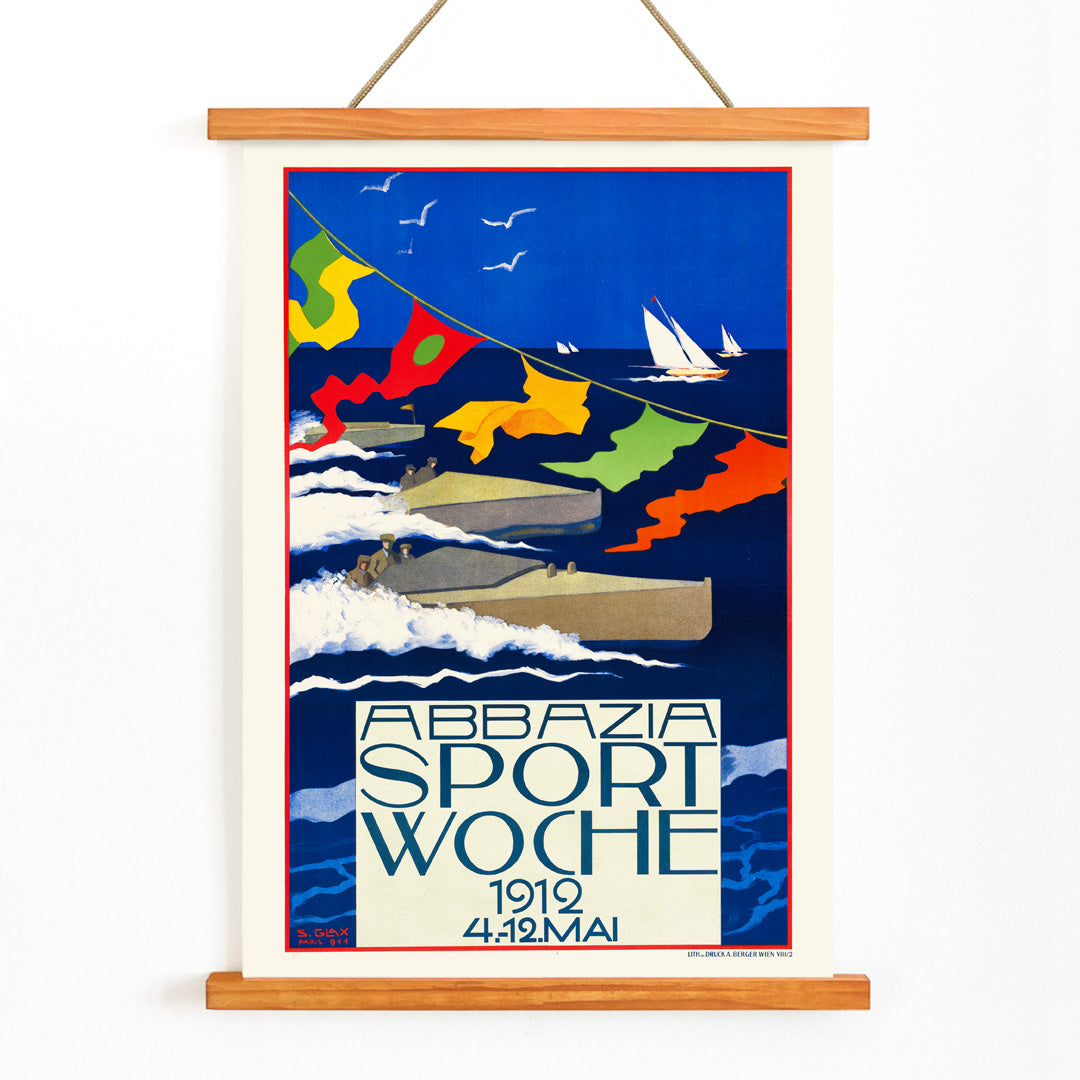 Colorful regatta scene with motorboats and sailboats racing on blue water with colorful flags by Stefanie Glax Abbazia Sport Woche, with wooden magnetic frame on white background