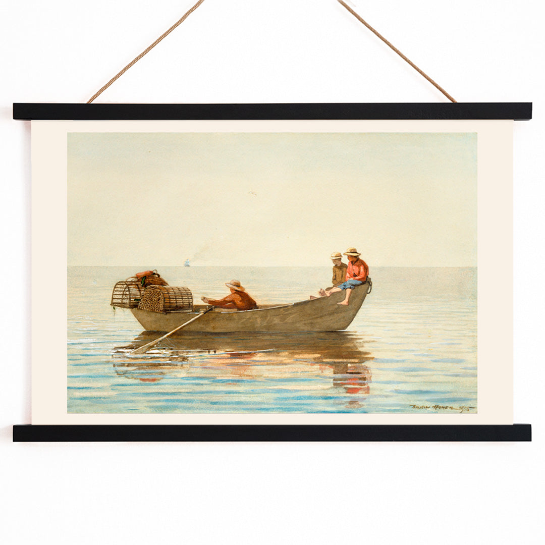 Three boys in a rowboat with lobster pots on calm water painting by Winslow Homer titled Three Boys in a Dory with Lobster Pots, with wooden magnetic frame on white background