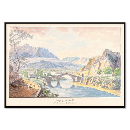 Bridge of Martorelle by Charles Hamilton Smith stone bridge over river with mountains scenic landscape poster, with black aluminium frame on white background