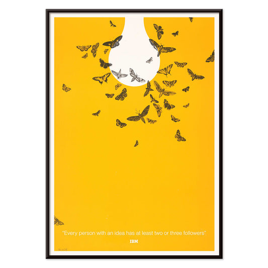 Ken White artwork Every person with an idea has at least two or three followers featuring butterflies attracted to a light bulb poster, with black aluminium frame on white background