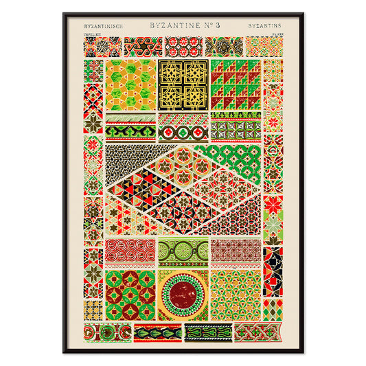 Byzantine 3 vintage pattern by Owen Jones from Grammar of Ornament book featuring colorful intricate geometric designs, with black aluminium frame on white background