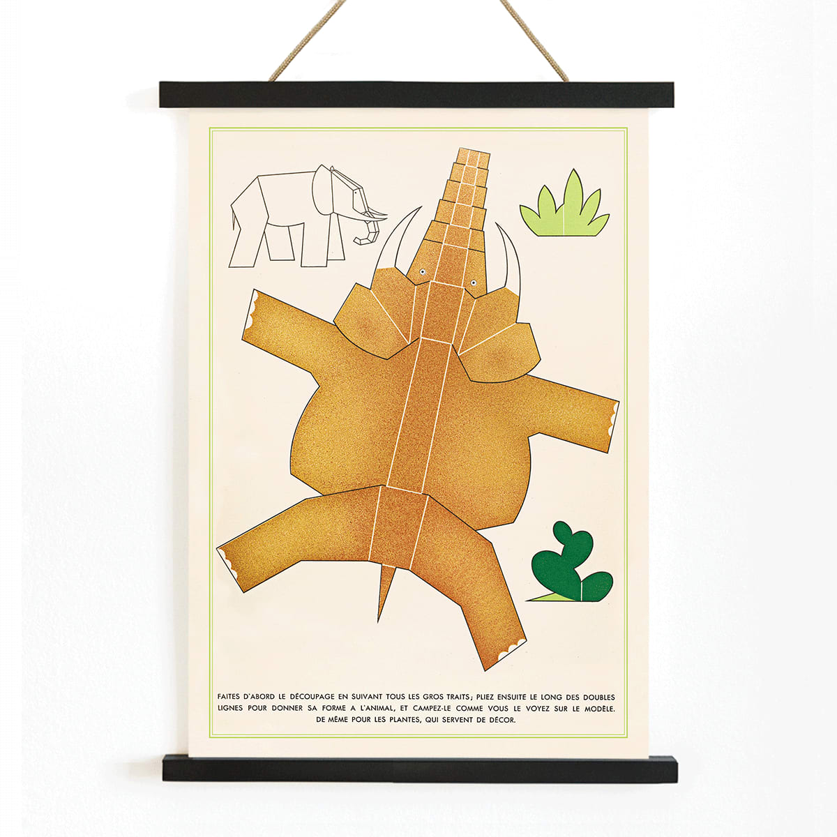 Collage and poster of geometric cutout animals and plants by Turenne Chevallereau La Jungle chez moi Pl 02, with wooden magnetic frame on white background