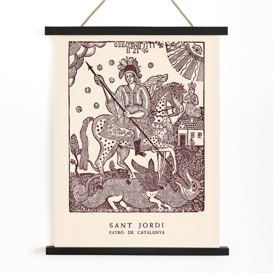 Sant Jordi slaying a dragon on horseback medieval artwork and poster knight with spear Patro de Catalunya, with wooden magnetic frame on white background