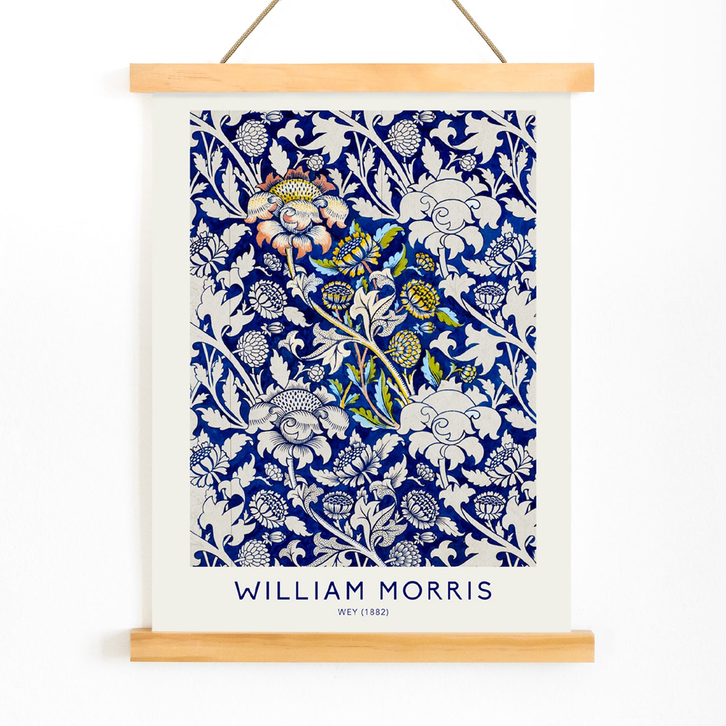 Floral fabric pattern and watercolour poster with intricate blue and white design by William Morris Wey, with wooden magnetic frame on white background