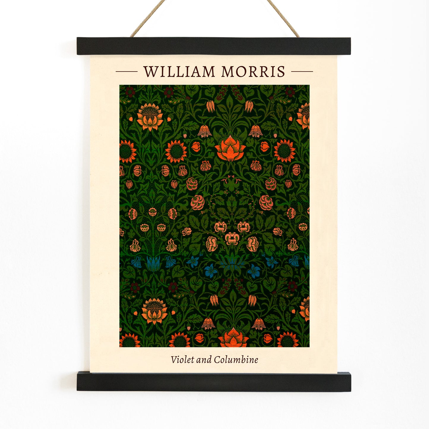 Floral pattern artwork poster titled Violet and Columbine by William Morris featuring intricate botanical designs with vivid green and orange tones, with wooden magnetic frame on white background