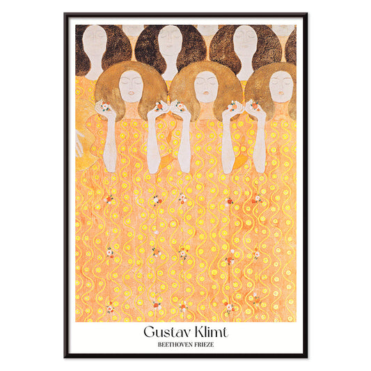 Beethoven Frieze by Gustav Klimt featuring women in flowing yellow gowns with intricate golden and orange patterns and faceless figures, with black aluminium frame on white background