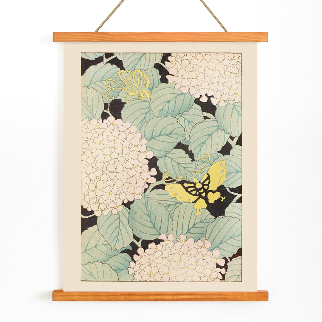 Yellow butterflies and white hydrangea flowers with green leaves in Japanese art style artwork Bijutsukai Pl 169 by Korin Furuya, with wooden magnetic frame on white background