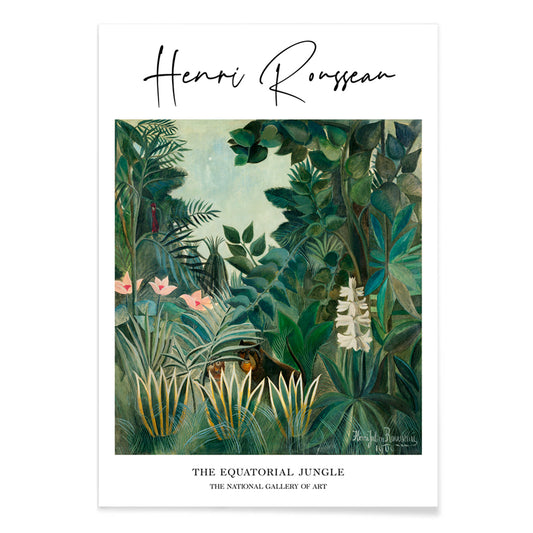 Lush green rainforest with exotic plants flowers and hidden animals inspired by The Equatorial Jungle painting by Henri Rousseau, with black aluminium frame on white background