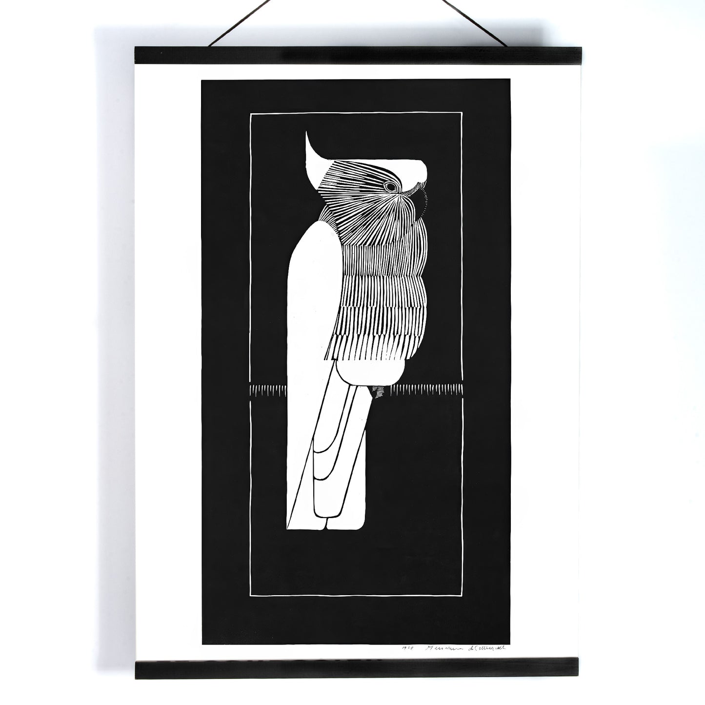 Black and white sulphur crested cockatoo fine art print and stylized poster by Samuel Jessurun de Mesquita, with wooden magnetic frame on white background