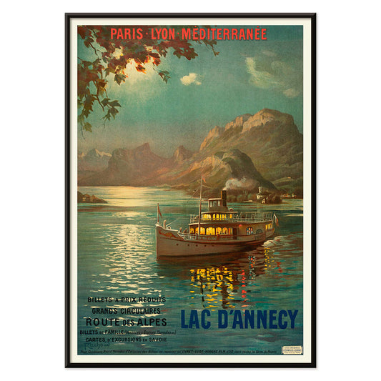 Poster of Lac d Annecy by Francois Charles Cachoud showing a boat on a serene lake with mountains and a glowing evening sky, with black aluminium frame on white background