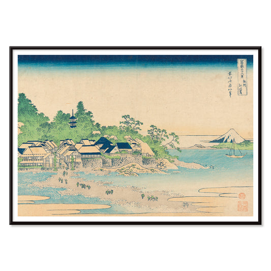 Coastal village with houses trees ocean and Mount Fuji by Katsushika Hokusai Enoshima in Sagami Province Japanese artwork, with black aluminium frame on white background