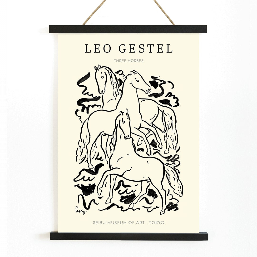 Three Horses by Leo Gestel black and white illustration of three horses in dynamic poses poster, with wooden magnetic frame on white background