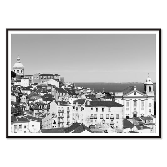 Black and white landscape of Lisbon Old City with historic architecture rooftops and distant sea view poster by Picture 2, with black aluminium frame on white background