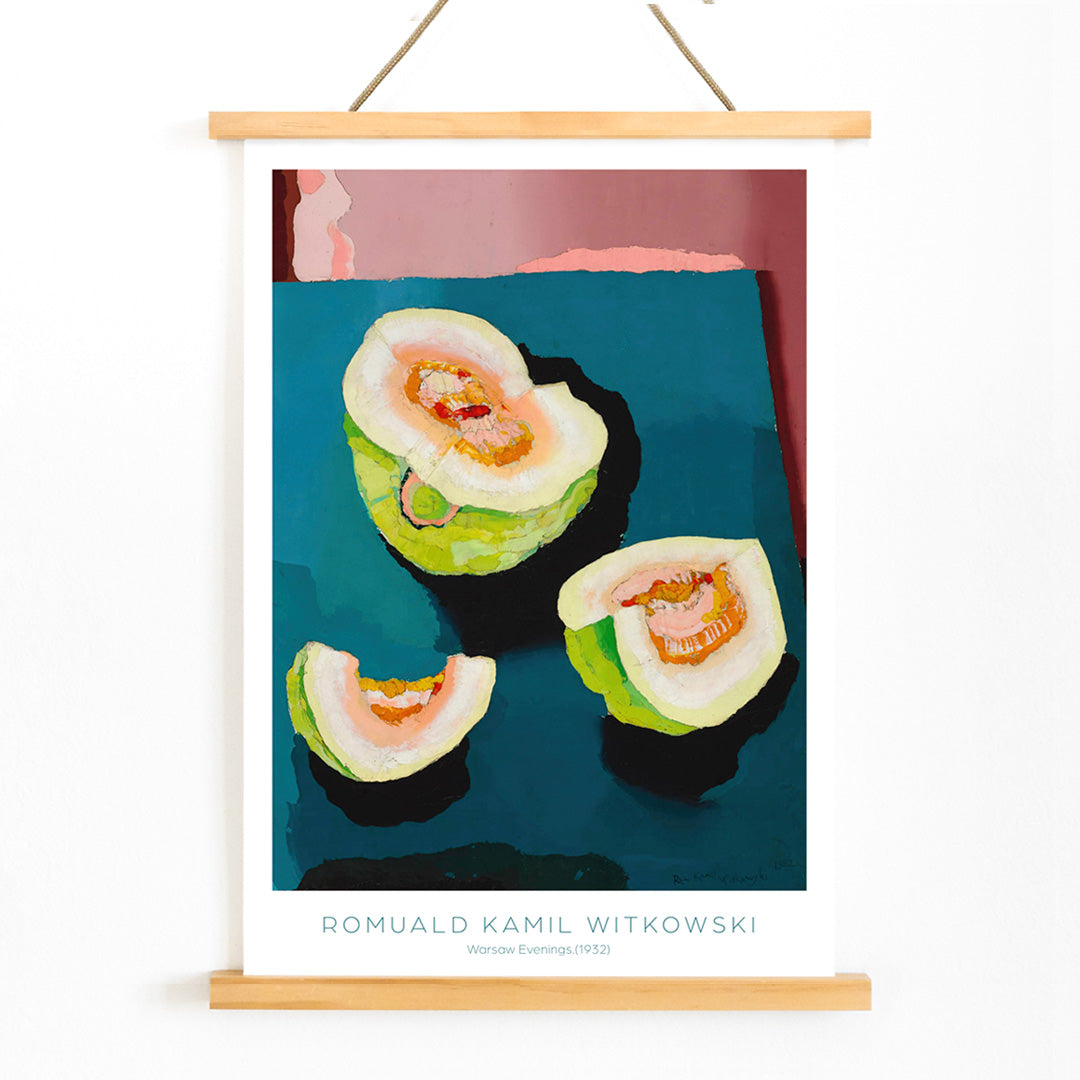 Colorful abstract fruit and sliced melons on a blue table by Romuald Kamil Witkowski Warsaw Evenings Plac Zamkowy poster, with wooden magnetic frame on white background