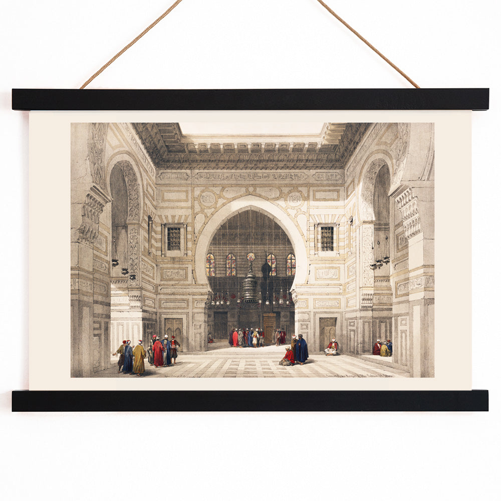 Elegant interior of Sultan the Ghoree mosque with figures and detailed architecture by David Roberts, with wooden magnetic frame on white background