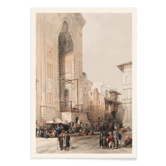 People gathered outside the grand entrance to the Mosque of the Sultan Hassan artwork and poster by David Roberts, with black aluminium frame on white background