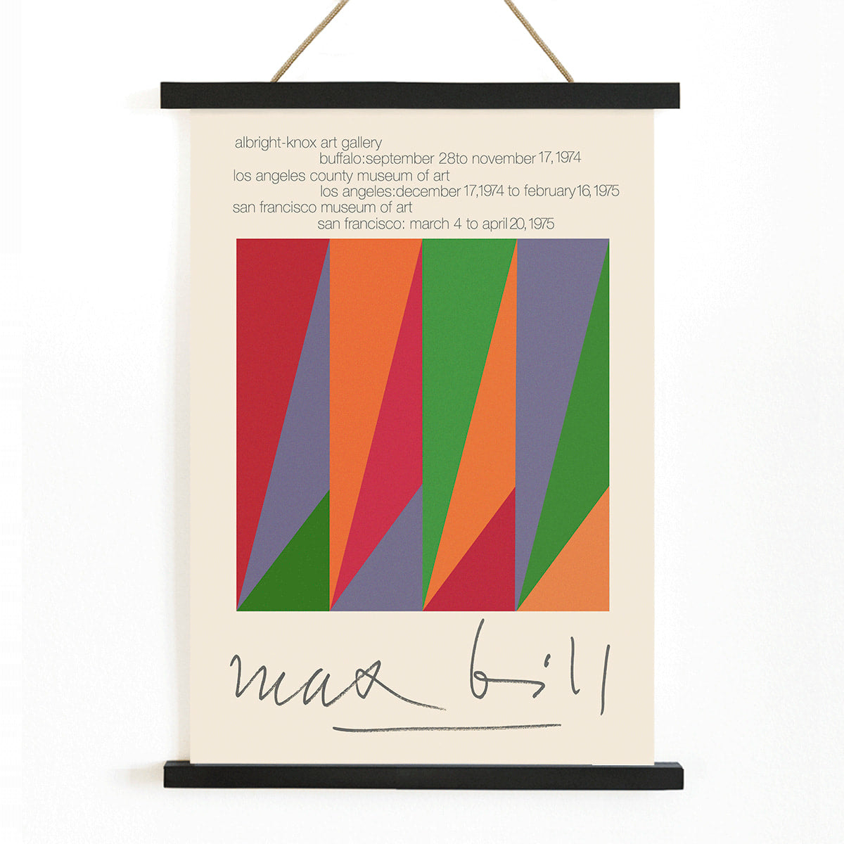 Colorful geometric design and shapes by Max Bill on serigraph silkscreen exhibition poster titled Serigraph Silkscreen with signature in black frame, with wooden magnetic frame on white background