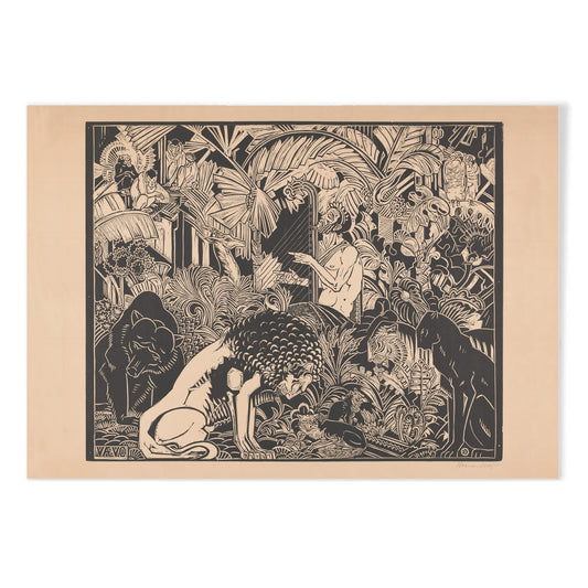 Orpheus playing harp surrounded by animals in lush jungle artwork by Henri van der Stok poster, with black aluminium frame on white background