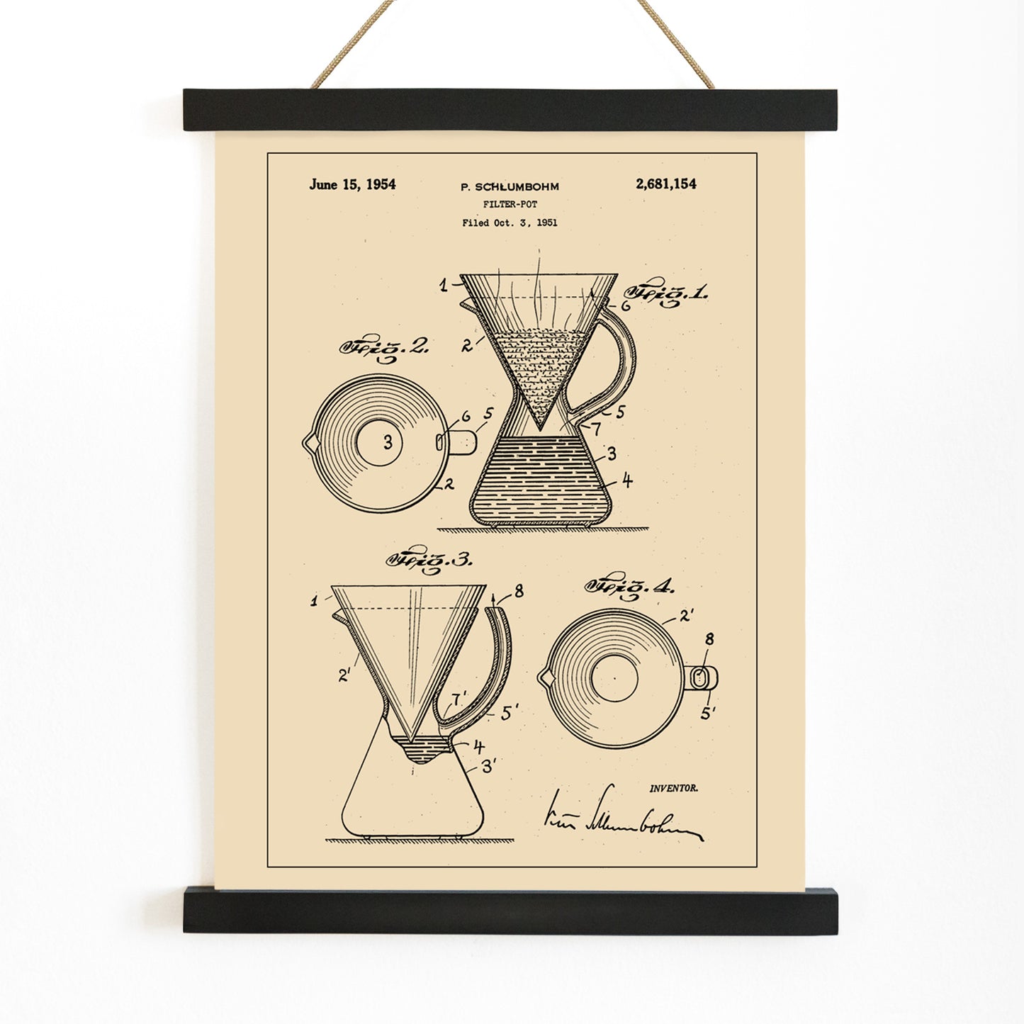 Vintage technical drawing and poster of coffee filter pot patent by P Schlumbohm with schematic and design details, with wooden magnetic frame on white background