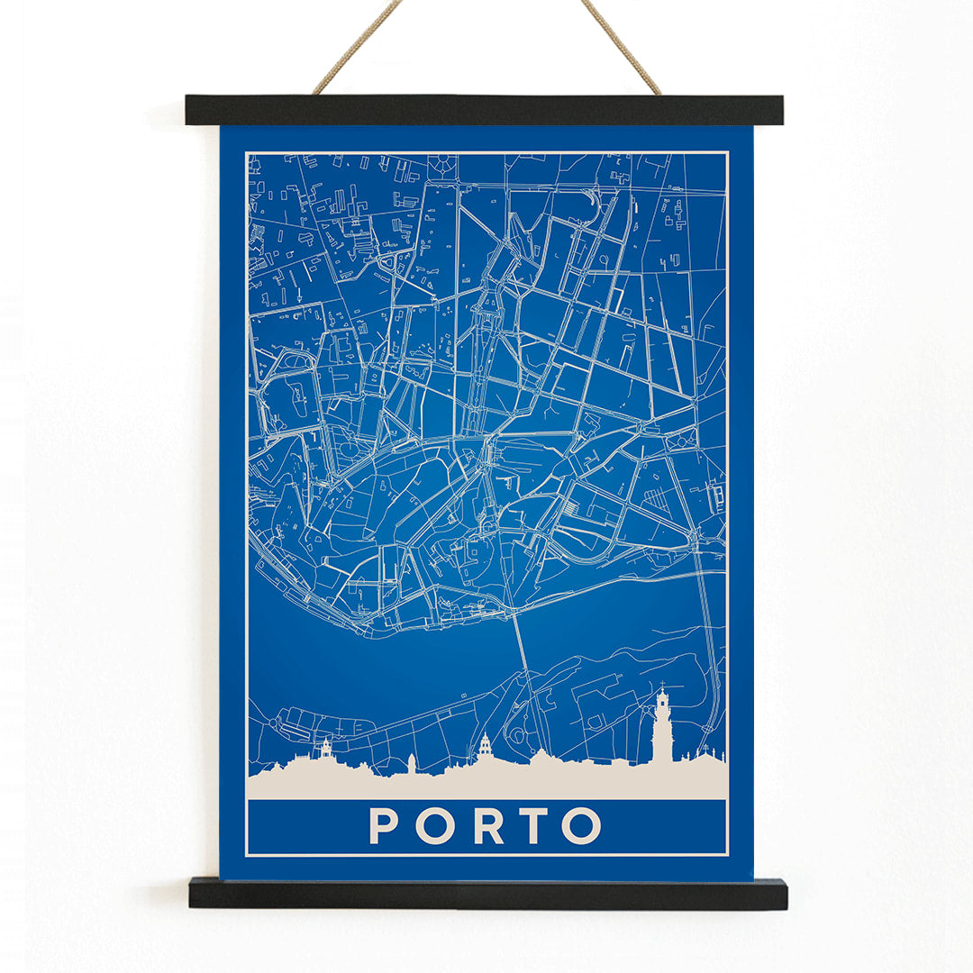Minimalist blue map of Porto framed poster with white lines modern wall art, with wooden magnetic frame on white background