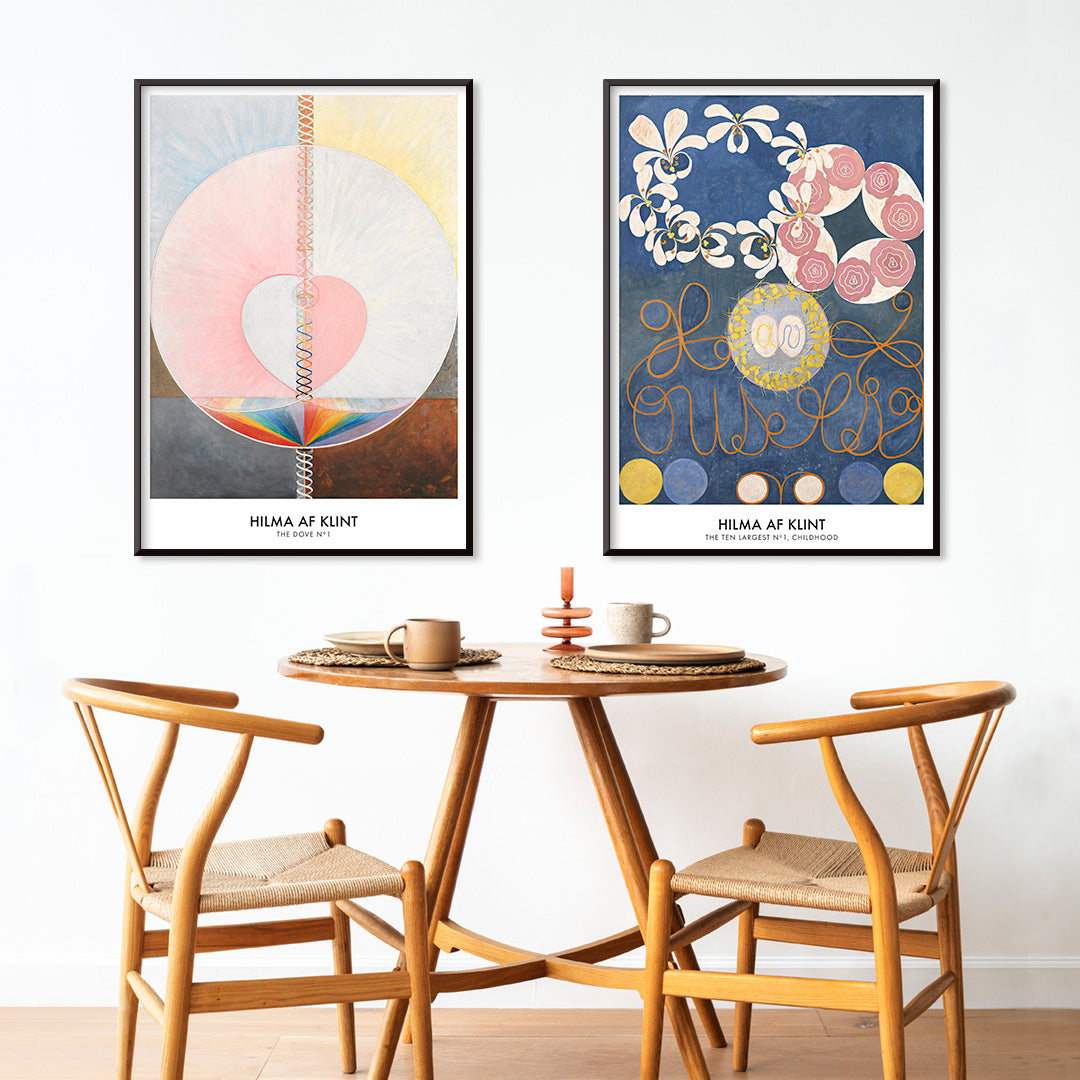 Abstract geometric spiritual art poster with pastel colors and shapes from The Dove by Hilma af Klint modern wall decor, with wooden magnetic frame on white background