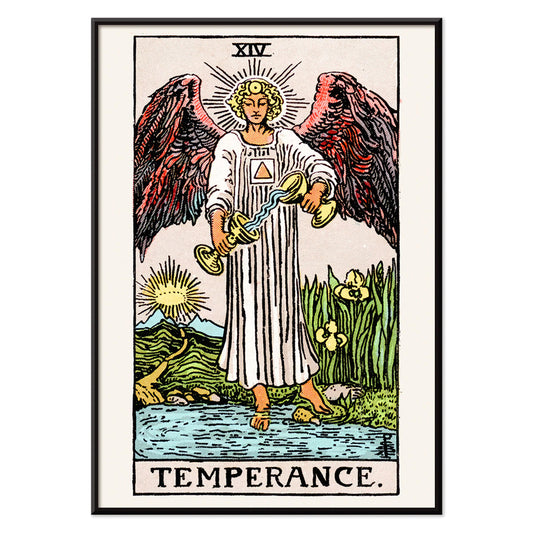 Temperance tarot card by Rider Waite featuring an angel with wings pouring liquid between two cups illustration and poster, with black aluminium frame on white background