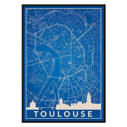 Blue and white minimalist map of Toulouse poster with white building silhouettes at the bottom modern wall art titled Minimalist Toulouse Map, with black aluminium frame on white background