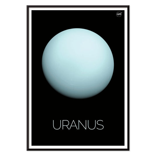 NASA poster of the planet Uranus featuring a light blue sphere against a black background with the title Uranus, with black aluminium frame on white background