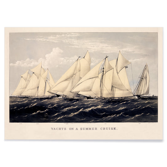 Sailboats and yachts racing on the ocean under clear skies in Yachts on a Summer Cruise by Currier and Ives, with black aluminium frame on white background