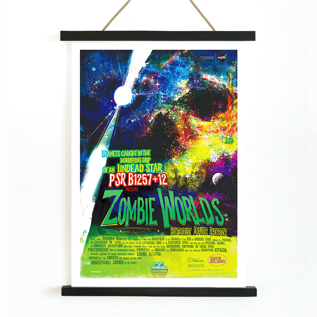 Colorful cosmic-themed NASA artwork titled Zombie Worlds showing planets around an undead star with poster text in a vibrant space scene, with wooden magnetic frame on white background
