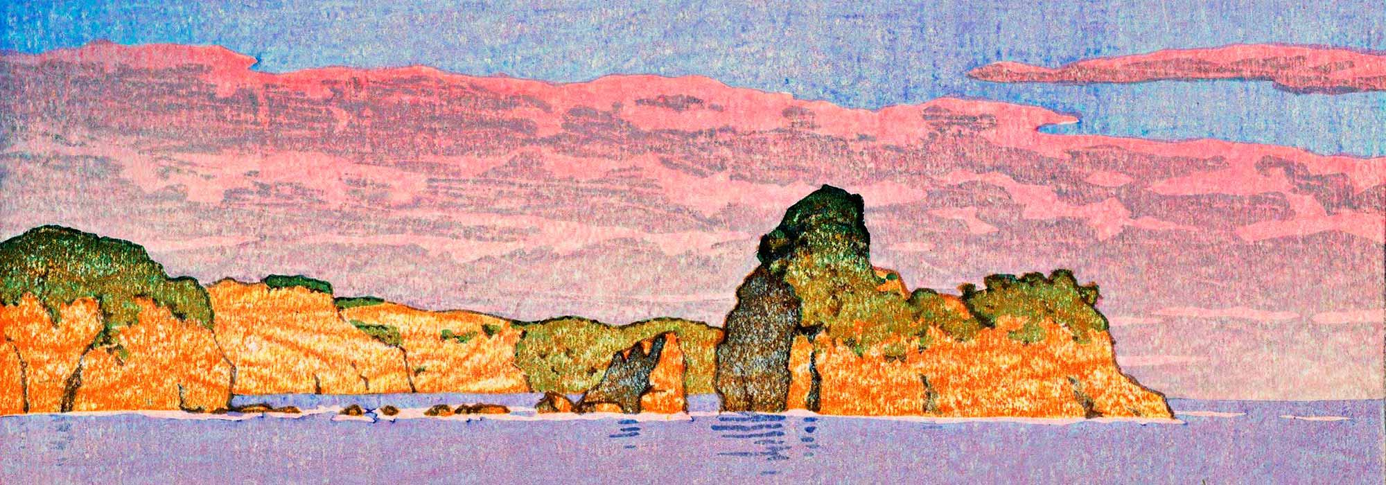 Kawase Hasui inspired landscape print showing a peaceful Japanese scene with soft colors and traditional natural beauty