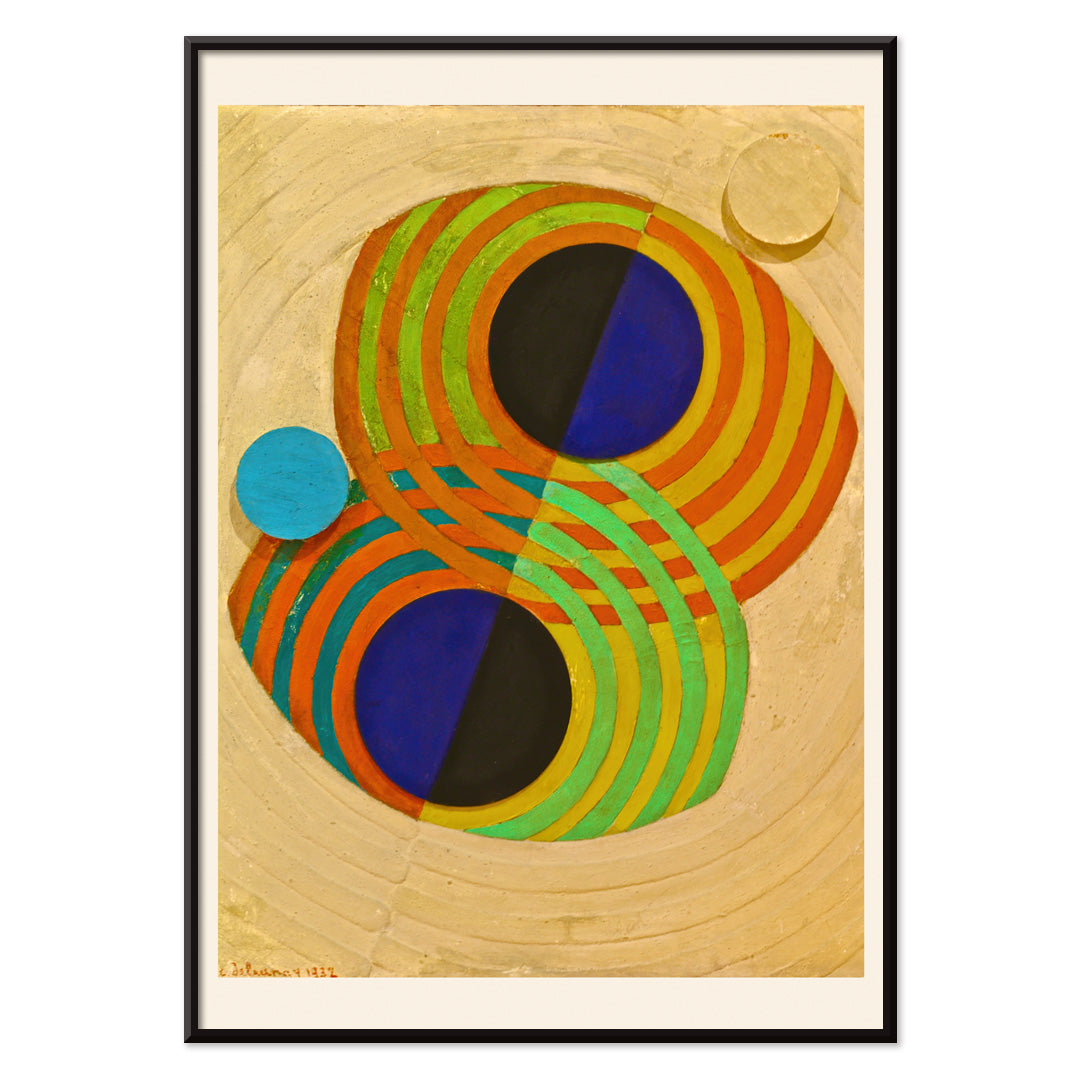 Abstract geometric composition with bold concentric circles from Relief Rhythms by Robert Delaunay poster, with black aluminium frame on white background