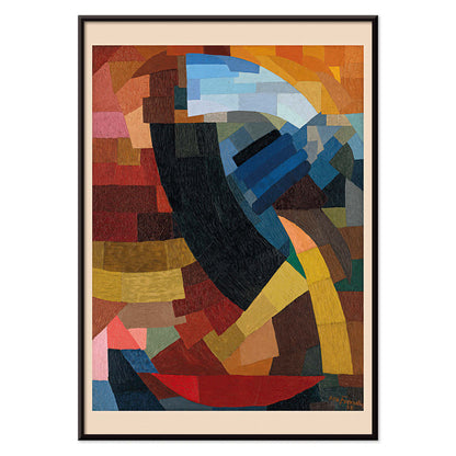 Abstract geometric composition and poster with vibrant colors and shapes from Fragments de figure a l ensemble des plans by Otto Freundlich, with black aluminium frame on white background