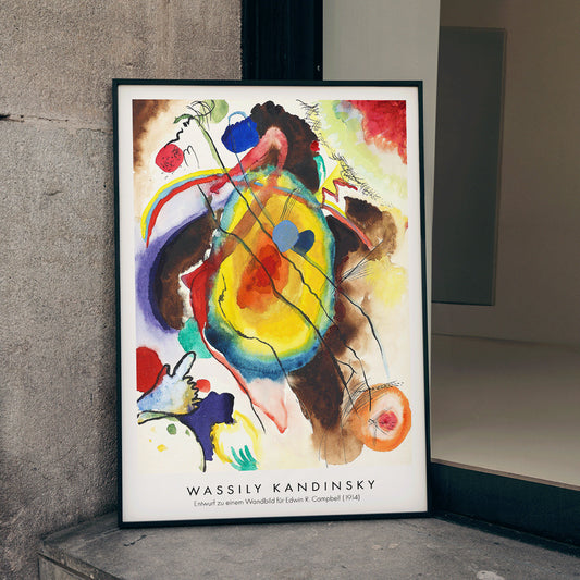 Abstract mural design by Wassily Kandinsky for Edwin R Campbell featuring vibrant colors and dynamic shapes, framed and displayed in home decor