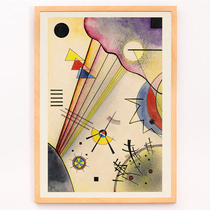 Closeup detail of Abstract geometric art with colorful shapes and lines by Wassily Kandinsky titled Deutliche Verbindung Clear Connection