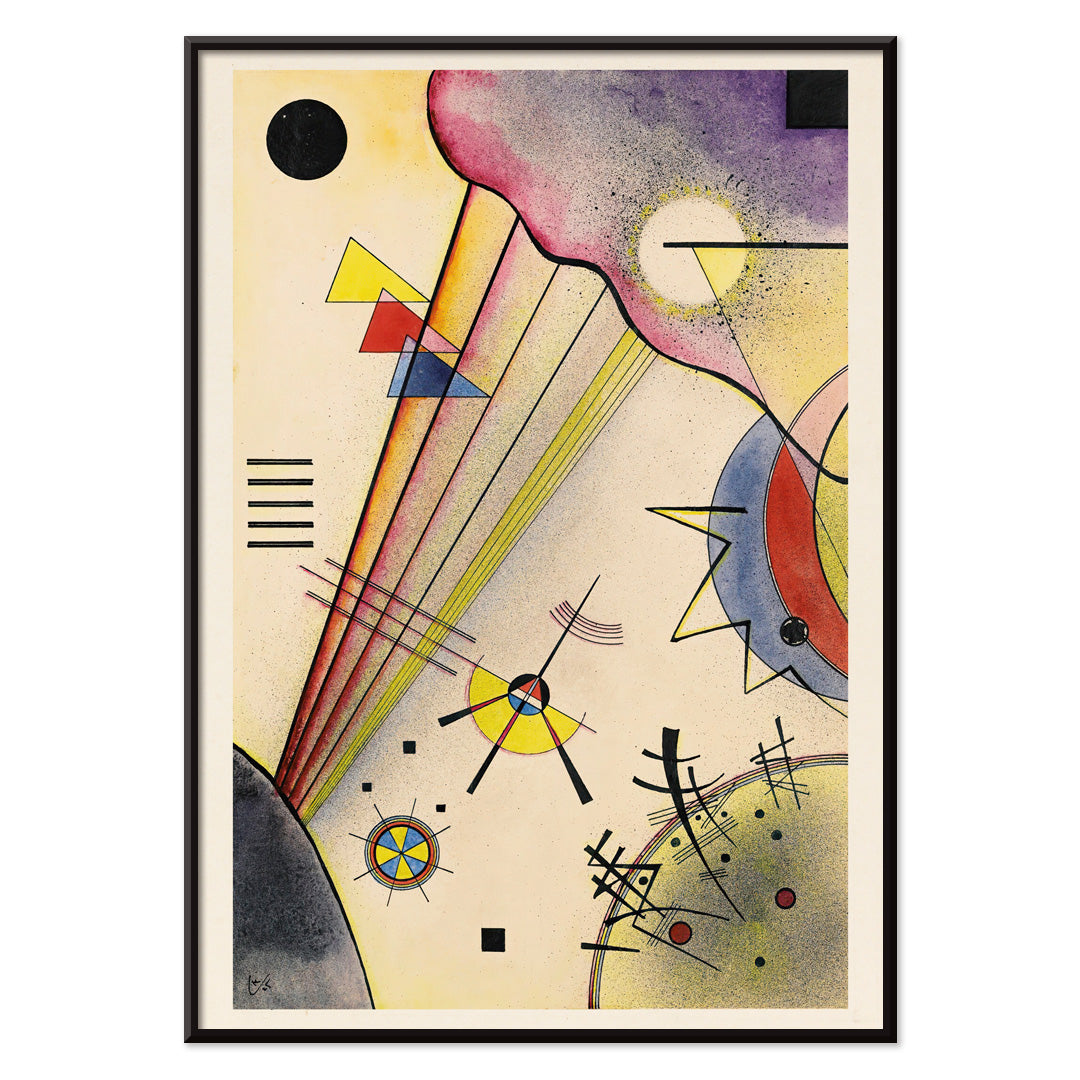 Abstract geometric art with colorful shapes and lines by Wassily Kandinsky titled Deutliche Verbindung Clear Connection, with black aluminium frame on white background