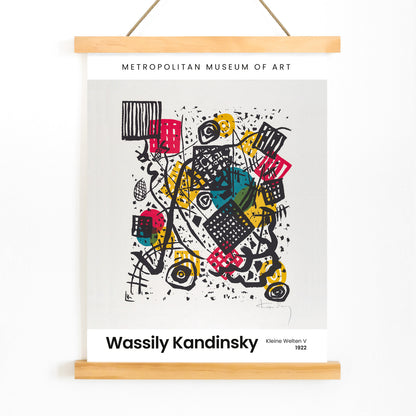 Abstract geometric composition with bold shapes and vibrant colors Kleine Welten V Small Worlds V by Wassily Kandinsky poster wall decor, with wooden magnetic frame on white background