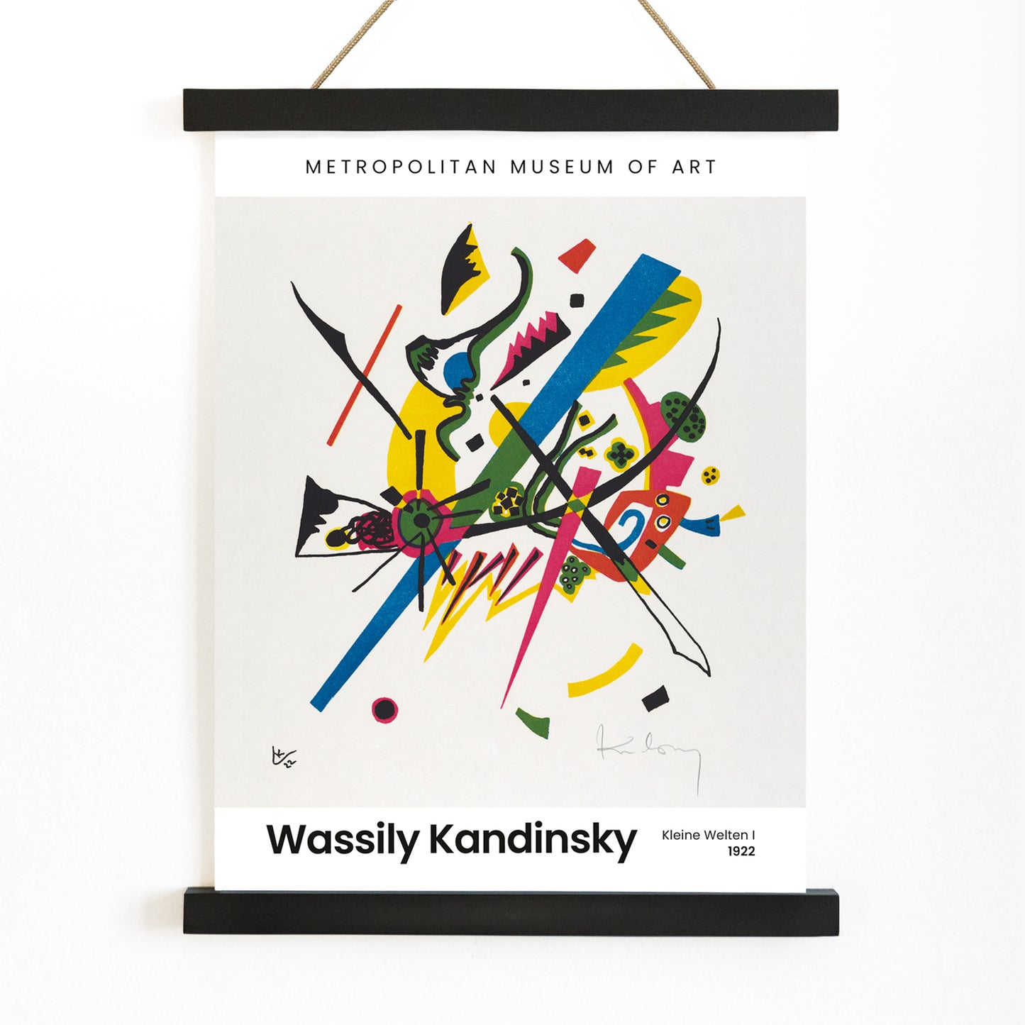 Abstract colorful geometric print Kleine Welten I Small Worlds I by Wassily Kandinsky high resolution artwork poster displayed at museum, with wooden magnetic frame on white background