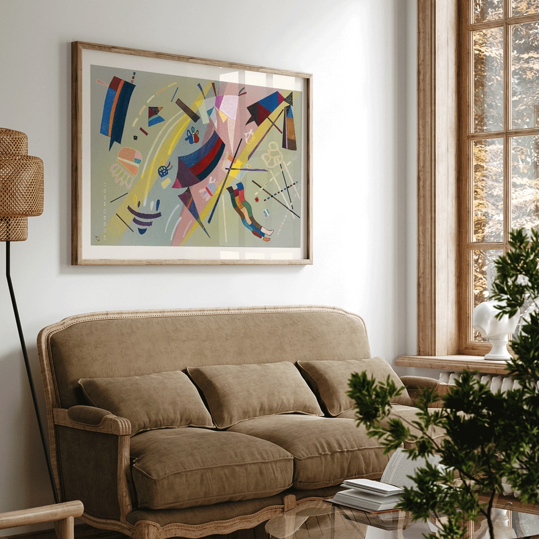 Abstract geometric shapes and vibrant colors inspired by Sans Titre by Wassily Kandinsky modern wall art decor poster, framed and displayed in home decor