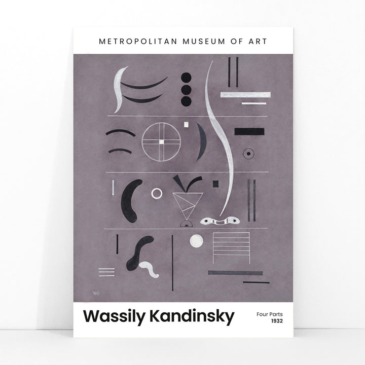 Abstract geometric art by Wassily Kandinsky from Four Parts featuring geometric shapes and lines displayed at the museum, framed and displayed in modern living room decor
