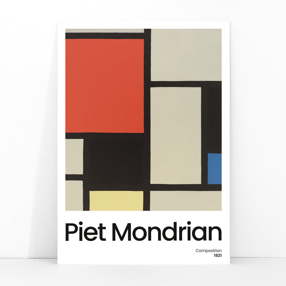 Abstract geometric art poster with bold primary colors and black lines by Piet Mondrian titled Composition, framed and displayed in modern living room decor