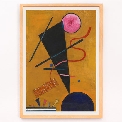 Closeup detail of Abstract geometric artwork with colorful shapes on ochre and yellow backgrounds Berührung Contact by Wassily Kandinsky