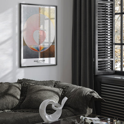 Abstract geometric spiritual art poster with pastel colors and shapes from The Dove by Hilma af Klint modern wall decor, framed and displayed in home decor