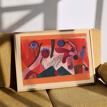 Vibrant abstract geometric art poster Poisonous Berries by Paul Klee featuring bold shapes and colors, framed and displayed in modern living room decor