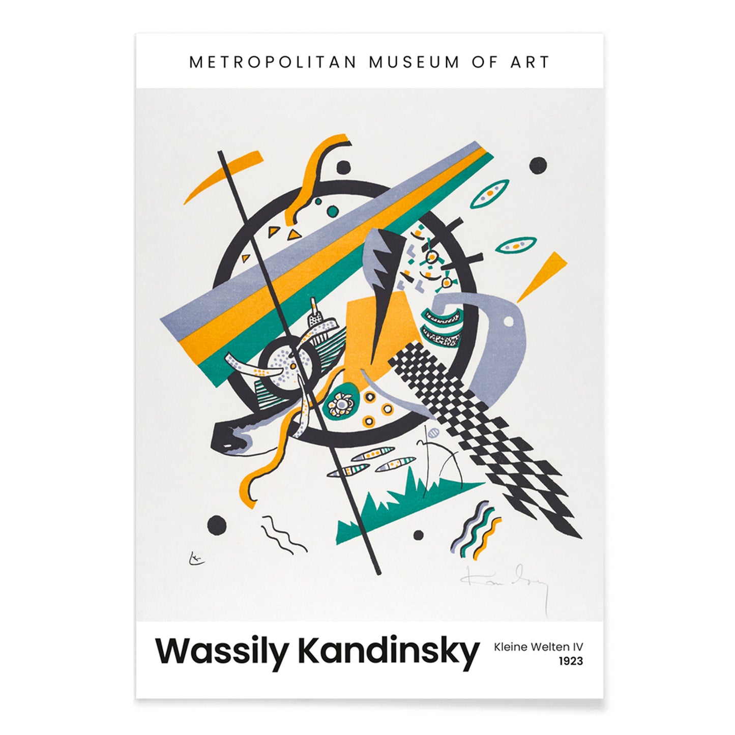 Abstract geometric poster with bold shapes and lines by Wassily Kandinsky from Kleine Welten IV Small Worlds IV, with black aluminium frame on white background